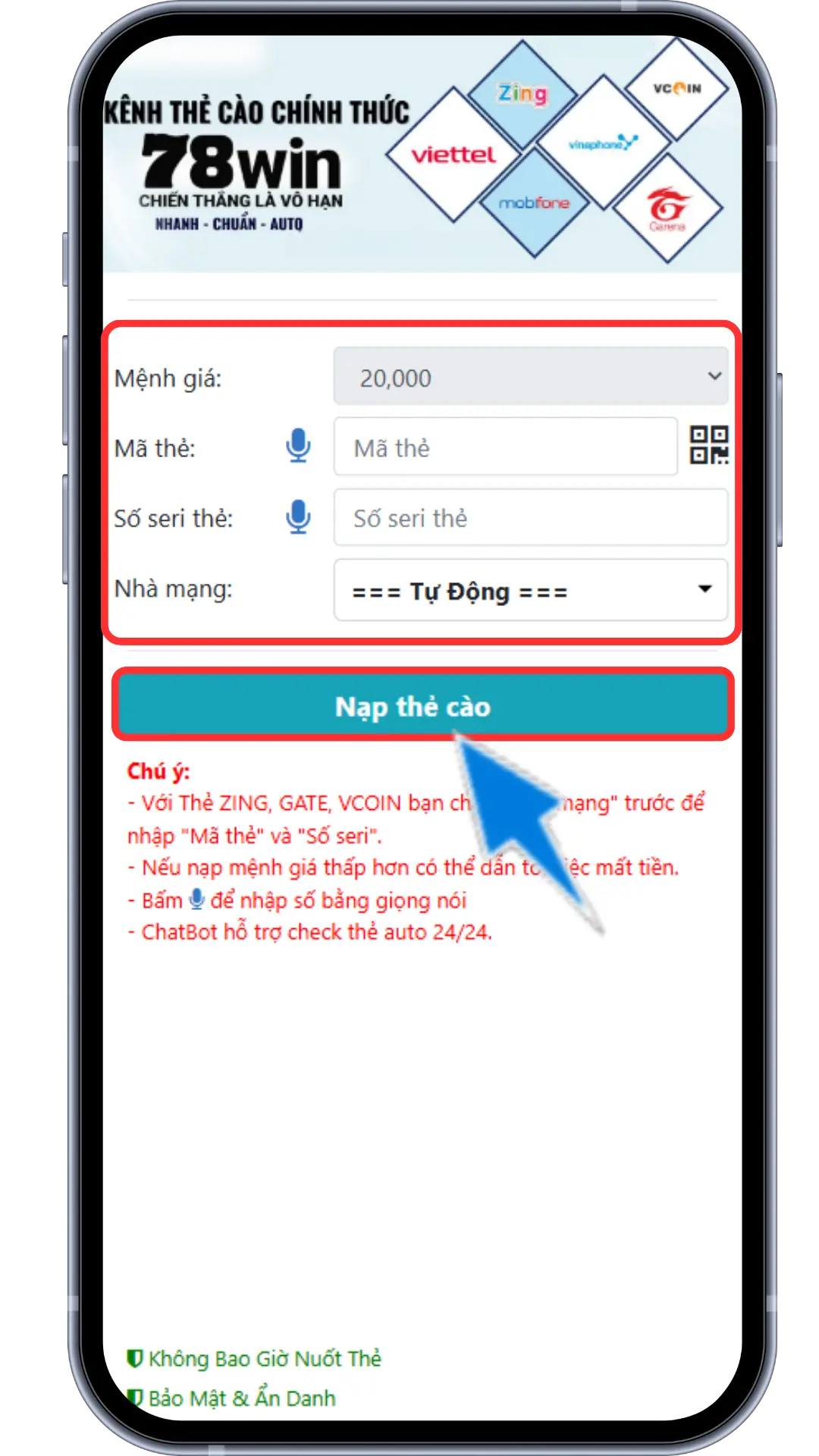 Bước 3: Điền mã thẻ cào - điền số seri thẻ cào - chọn loại thẻ cào => Ấn nạp thẻ cào
